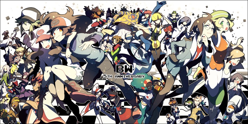 10s 6+boys 6+girls alder_(pokemon) anniversary anthea_(pokemon) aurea_juniper baseball_cap bianca_(pokemon) bow bowtie bronius_(pokemon) brycen_(pokemon) burgh_(pokemon) caitlin_(pokemon) cedric_juniper cheren_(pokemon) chili_(pokemon) cilan_(pokemon) clay_(pokemon) concordia_(pokemon) cress_(pokemon) domu_(hamadura) drayden_(pokemon) elesa_(pokemon) elite_four emmet_(pokemon) everyone fennel_(pokemon) gen_5_pokemon ghetsis_(pokemon) gorm_(pokemon) grimsley_(pokemon) gym_leader hat highres hilbert_(pokemon) hilda_(pokemon) holding holding_poke_ball ingo_(pokemon) iris_(pokemon) lenora_(pokemon) looking_at_viewer marshal_(pokemon) multiple_boys multiple_girls n_(pokemon) nintendo oshawott peaked_cap poke_ball pokemon pokemon_(creature) pokemon_bw rood_(pokemon) ryoku_(pokemon) shadow_triad shauntal_(pokemon) skyla_(pokemon) smile snivy starter_pokemon_trio team_plasma team_plasma_grunt tepig traditional_bowtie zinzolin_(pokemon) zorua
