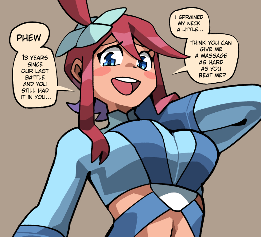 1girl blue_eyes blue_gloves blue_jacket blush breasts commentary crop_top cropped_jacket english_commentary english_text game_freak gloves hair_ornament hand_on_own_shoulder highres jacket large_breasts midriff navel nintendo notus_49 one_side_up open_mouth pokemon pokemon_bw raised_eyebrows red_hair short_hair_with_long_locks sidelocks skyla_(pokemon) smile solo speech_bubble teeth upper_body upper_teeth_only