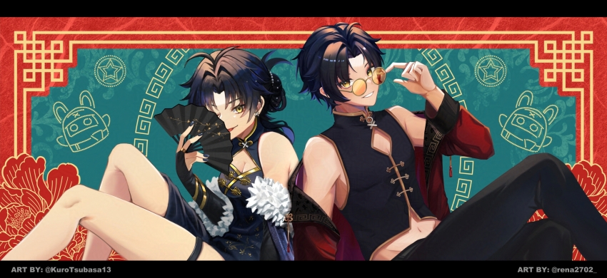 1boy 1girl aqua_background artist_collaboration asaba_harumasa black_dress black_hair black_pants black_shirt black_sleeves china_dress chinese_clothes clothing_cutout crop_top diamond_cutout dress eous_(zenless_zone_zero) fur_trim genderswap genderswap_(mtf) hand_fan highres holding holding_fan jacket kuro_tsubasa long_hair midriff navel open_clothes open_jacket pants red_background red_jacket rena2702 round_eyewear shirt short_hair simple_background smile tongue tongue_out yellow-framed_eyewear yellow_eyes zenless_zone_zero