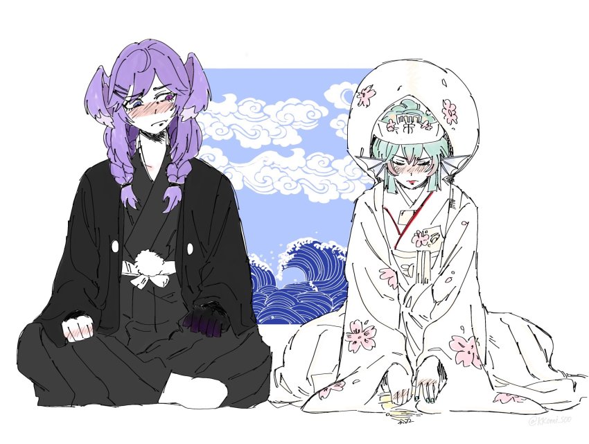 2girls aqua_nails black_kimono blue_eyes blush braid bride closed_eyes crossdressing dragon_girl dress embarrassed finana_ryugu fins fish_girl floral_print flower furisode green_hair hair_flower hair_ornament hat head_fins head_wings heterochromia highres hiki_furisode hood indian_style japanese_clothes kimono kkomi_soo lipstick long_hair long_sleeves looking_at_another makeup medium_hair multiple_girls nail_polish nijisanji nijisanji_en obi pink_flower pointy_ears print_kimono purple_eyes purple_hair purple_wings sash selen_tatsuki shiromuku sitting socks tsunokakushi twin_braids uchikake virtual_youtuber waves wedding wedding_dress white_background white_kimono white_legwear wings