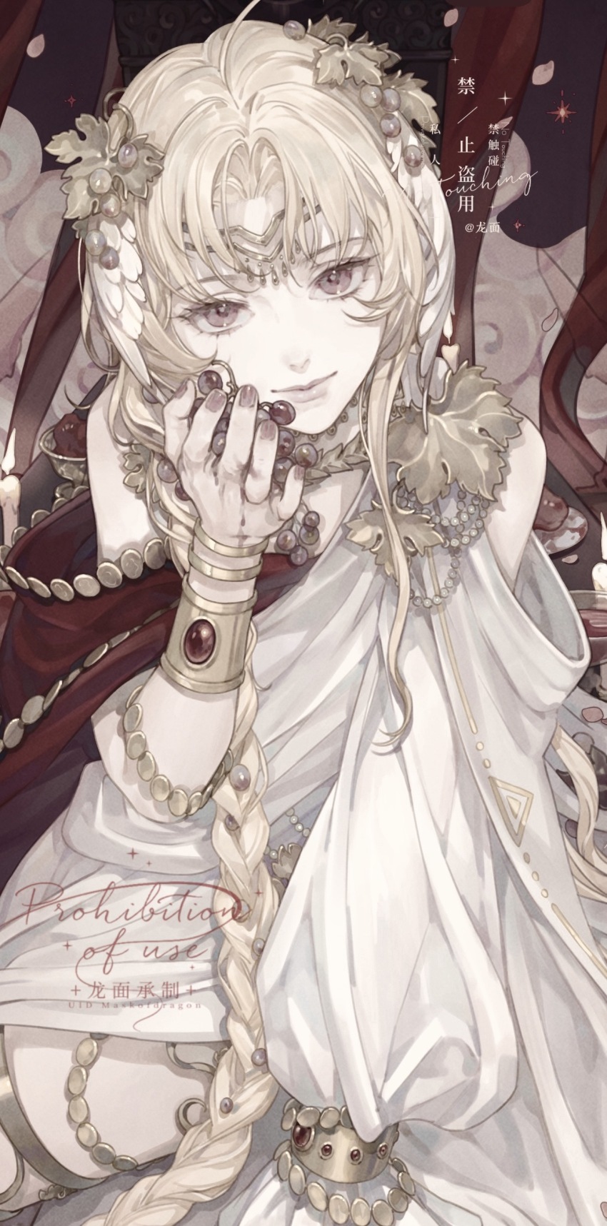 1girl absurdres blonde_hair braid commentary_request dress flower gloves hair_ornament highres holding jewelry long_hair long_sleeves longmianbushilongxumian looking_at_viewer original sitting solo
