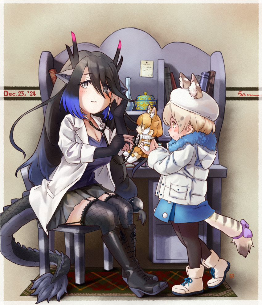 2girls absurdres animal_ears black_dragon_(kemono_friends) black_hair boots cat_ears cat_girl cat_tail chair coat desk dhole_(kemono_friends) doctor dragon_girl dragon_horns dragon_tail extra_ears fingerless_gloves garter_straps gloves grey_eyes hat highres horns kemono_friends long_hair multiple_girls norman_rockwell_(style) pantyhose parody ribbon scarf shirt skirt stethoscope stuffed_toy tail thighhighs toriny white_coat white_serval_(kemono_friends)