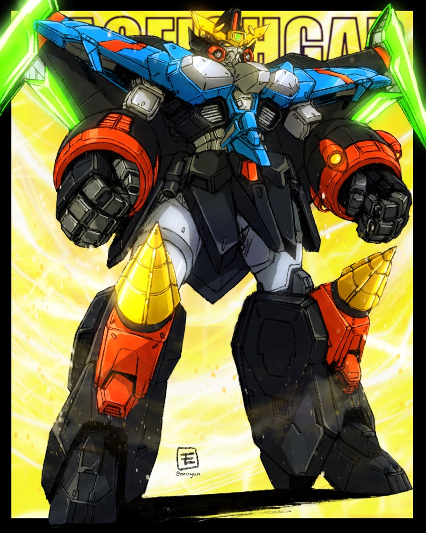 absurdres arms_at_sides artist_logo black_border border character_name clenched_hands commentary drill full_body gaofighgar highres logo looking_ahead mecha moyan no_humans outside_border procreate_(medium) robot science_fiction shadow solo standing super_robot text_background twitter_username v-fin wings yellow_background yellow_eyes yuusha_ou_gaogaigar yuusha_series
