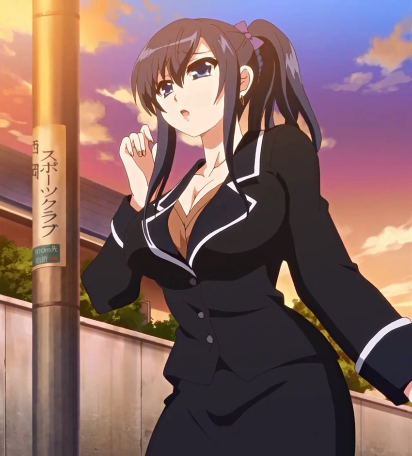 1girl anime_screenshot black_hair blue_eyes bow breasts cleavage cloud collarbone dot_nose earrings hair_between_eyes hair_bow hair_ornament hayakawa_rena highres house ikenai_koto_the_animation jewelry large_breasts long_hair office_lady open_mouth outdoors ponytail stitched third-party_edit tree