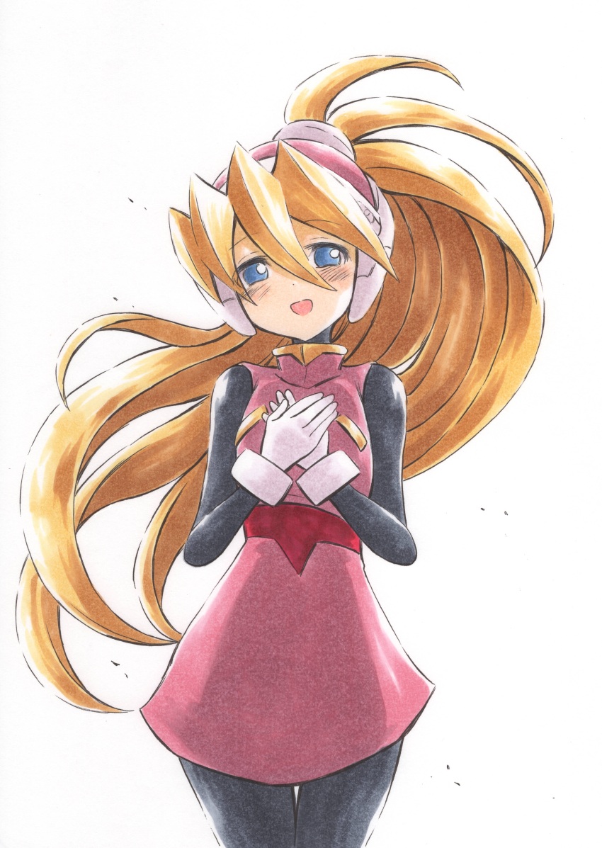 1girl absurdres ajikeneko black_bodysuit blonde_hair blue_eyes bodysuit breasts ciel_(mega_man) gloves hand_over_heart highres long_bangs looking_at_viewer mega_man_(series) mega_man_zero_(series) pink_headwear pink_skirt pink_vest ponytail skirt small_breasts smile vest white_background