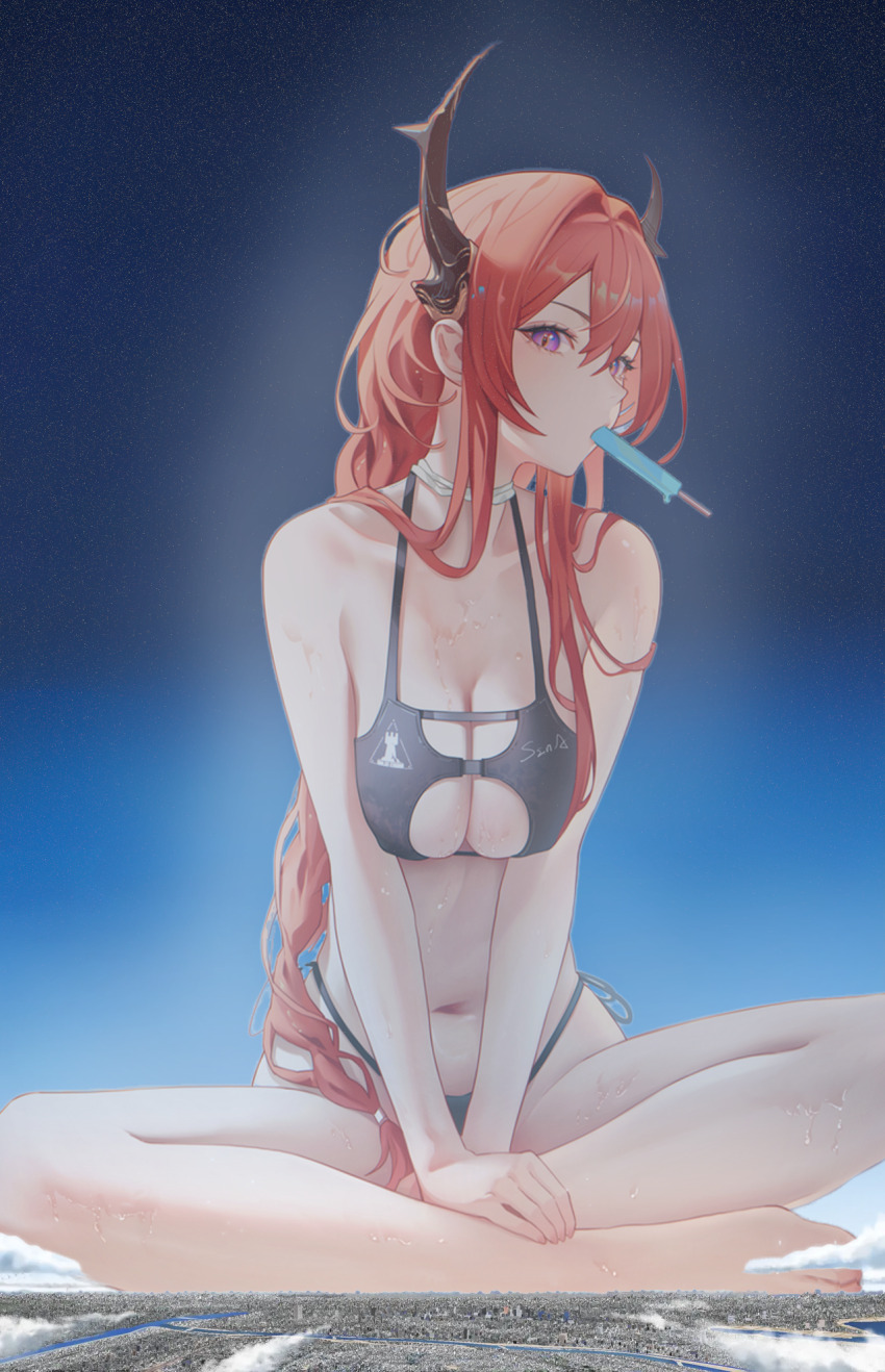1girl arknights bare_shoulders barefoot bikini black_bikini black_panties breasts cleavage cloud demon_girl demon_horns food food_in_mouth giant giantess highres horns ice_cream large_breasts long_hair looking_at_viewer navel ningning_0721 panties purple_eyes red_hair surtr_(arknights) swimsuit underwear