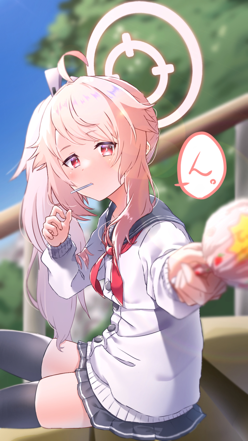 1girl ahoge black_sailor_collar black_skirt black_thighhighs blue_archive buttons cardigan day food halo highres holding holding_food long_hair long_sleeves looking_at_viewer natsu_(blue_archive) neckerchief outdoors pink_hair pink_halo pleated_skirt red_eyes red_neckerchief reo-illust4696 sailor_collar side_ponytail sitting skirt solo thighhighs white_cardigan