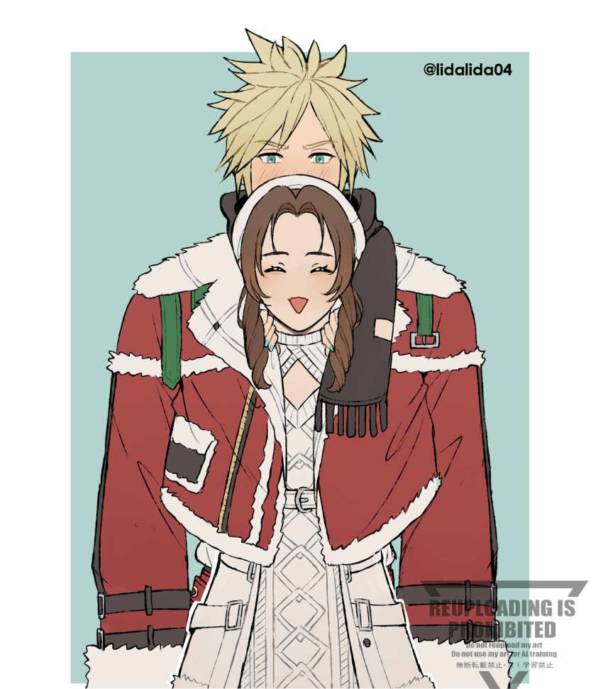 1boy 1girl aerith_gainsborough aerith_gainsborough_(fairy_of_snowfall) aqua_background black_scarf blonde_hair blue_eyes blue_nails blush border brown_hair cable_knit closed_eyes clothing_cutout cloud_strife coat couple cowboy_shot cropped_coat dress final_fantasy final_fantasy_vii final_fantasy_vii_ever_crisis fur-trimmed_coat fur_trim hat hetero highres knit_dress lida_(lidalida04) long_sleeves nail_polish official_alternate_costume open_mouth parted_bangs red_coat scarf shared_clothes shared_coat short_hair sidelocks smile spiked_hair twitter_username white_border white_coat white_dress white_fur white_hat winter_clothes winter_coat