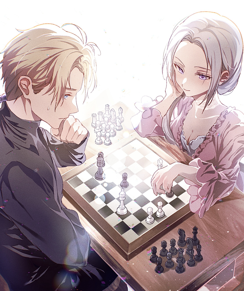 1boy 1girl bishop_(chess) black_shirt blonde_hair blue_eyes board_game breasts chess chess_piece chessboard cleavage closed_mouth collarbone collared_shirt couple dated_commentary dimitri_alexandre_blaiddyd edelgard_von_hresvelg fire_emblem fire_emblem:_three_houses fire_emblem_warriors:_three_hopes frilled_sleeves frills from_above from_side hair_over_shoulder hair_slicked_back hand_on_own_cheek hand_on_own_chin hand_on_own_face hand_up head_rest highres holding holding_chess_piece jacket king_(chess) knight_(chess) light_blush light_particles light_smile long_sleeves looking_down low_ponytail medium_breasts nervous nintendo official_alternate_hairstyle parted_bangs pawn_(chess) pink_jacket ponytail purple_eyes queen_(chess) rook_(chess) shirt short_hair simple_background soma_otakuu sweatdrop table white_background white_hair