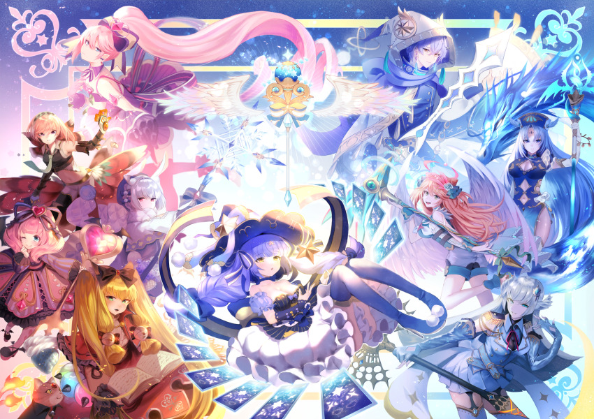 1boy 6+girls animal_ear_fluff animal_ears aqua_eyes aries_(symbol) back_bow bell beret black_bow black_footwear black_shirt blonde_hair blue_dress blue_eyes blue_hair blue_hat book boots bow breasts cape card cat center_frills cleavage collared_shirt commentary_request crop_top dress epaulettes fingerless_gloves flower frills gemini_(symbol) gloves green_eyes green_necktie grey_gloves grey_shorts grey_skirt hair_bell hair_bow hair_flower hair_ornament hat heart highres holding holding_scepter hood hood_up horns large_breasts layered_dress long_sleeves lushuao magical_girl medium_breasts multiple_girls necktie original pink_dress pink_eyes pink_hair pleated_skirt puffy_long_sleeves puffy_sleeves purple_bow purple_dress purple_eyes purple_hair purple_hat quilted_clothes rabbit_ears red_dress red_ribbon ribbon scepter shirt shorts side_ponytail skirt snowflakes tassel taurus_(symbol) thigh_boots thighhighs twintails white_hair white_shirt white_shorts witch_hat yellow_eyes