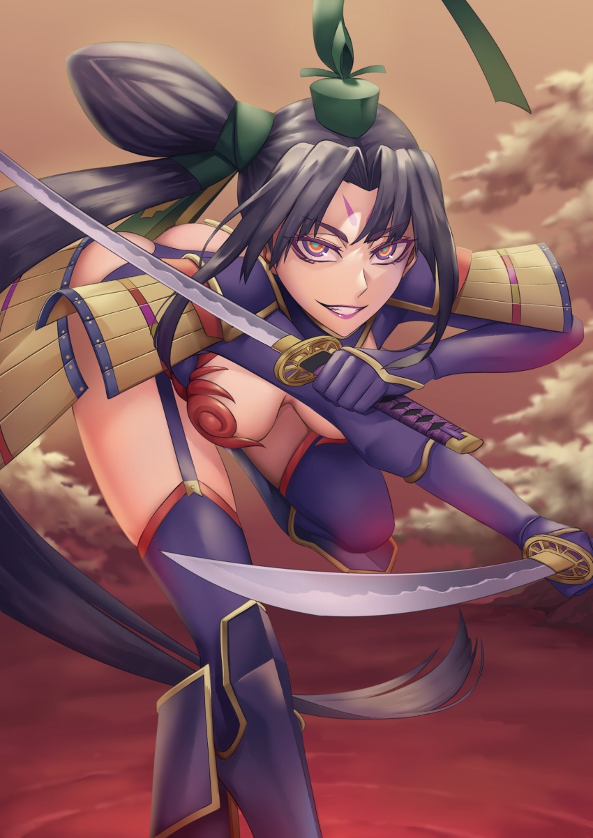 1girl absurdres armor black_hair breasts brown_sky cloud commentary elbow_gloves evil_smile eyeshadow facial_mark fate/grand_order fate_(series) fighting_stance gloves hair_bun highres holding holding_sword holding_weapon long_hair looking_at_viewer makeup medium_breasts multicolored_eyes over-kneehighs purple_eyeshadow purple_gloves purple_lips purple_socks red_water revealing_clothes running running_on_liquid sakuya_(liao_kj) shoulder_armor side_ponytail single_hair_bun smile socks sword taira_no_kagekiyo_(fate) taira_no_kagekiyo_(third_ascension)_(fate) teeth thighhighs ushiwakamaru_(fate) weapon