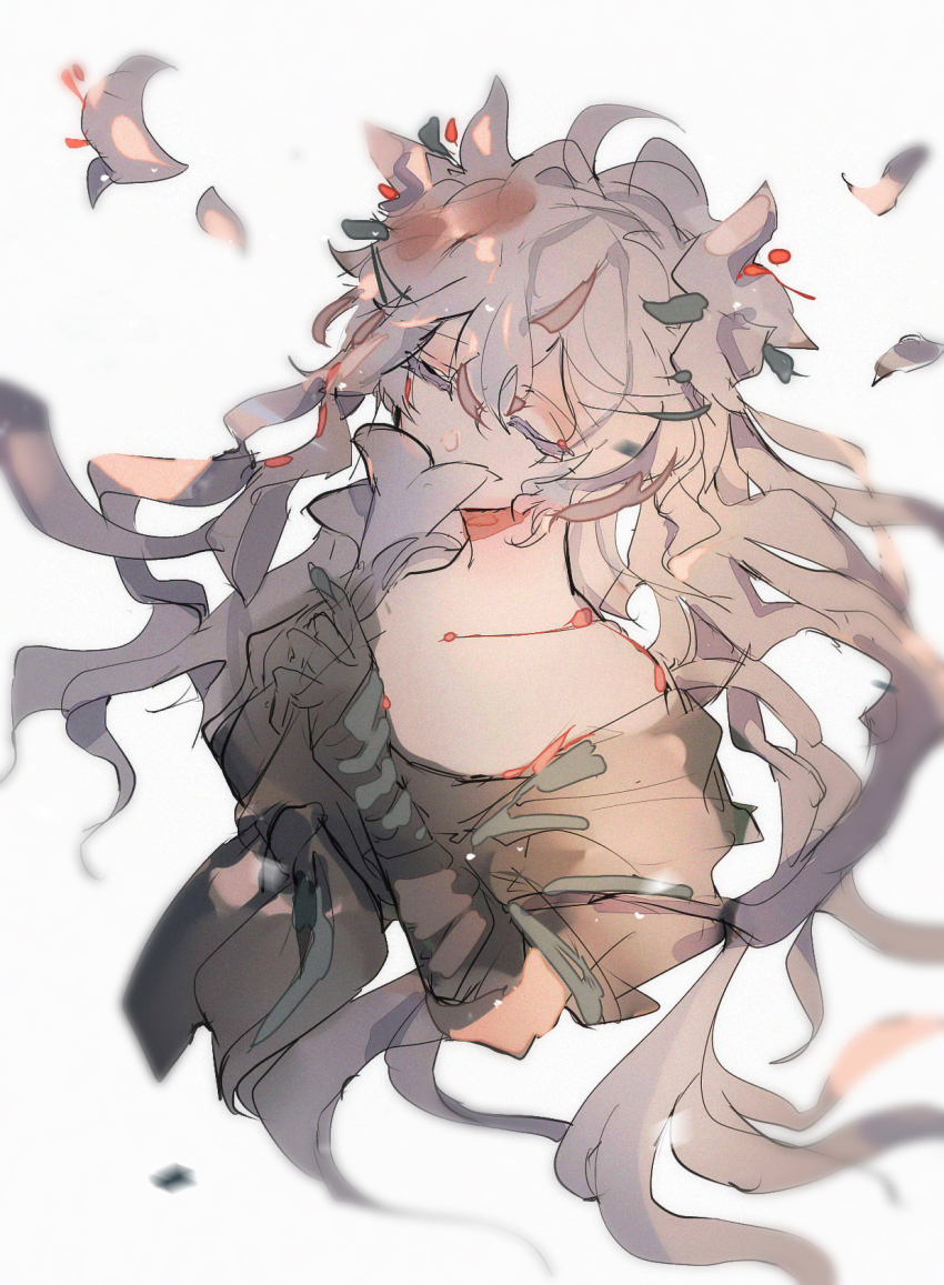 1girl braid cape cookie_run cookie_run:_kingdom dress flower gloves green_dress hair_flower hair_ornament highres holding humanization kurayuki0404 long_hair looking_at_viewer simple_background solo very_long_hair white_flower white_hair white_lily white_lily_cookie