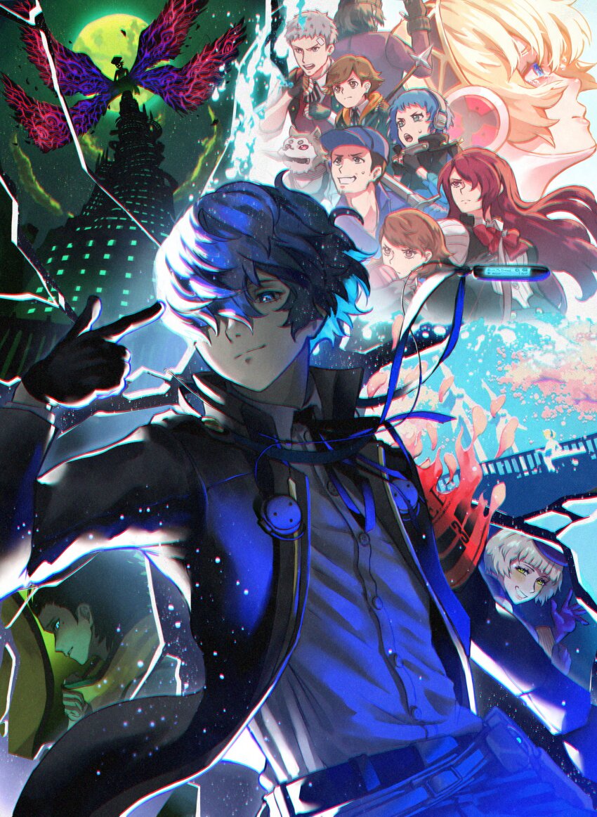absurdres aigis_(persona) andrich_galam aragaki_shinjirou baseball_cap belt black_gloves black_jacket black_ribbon blazer blonde_hair blue_eyes blue_hair brown_hair cherry_blossoms collared_shirt digital_media_player dog elizabeth_(persona) falling_petals finger_gun finger_gun_to_head full_moon gekkoukan_high_school_uniform gloves green_sky grey_hair hair_over_one_eye hat headphones highres iori_junpei jacket kirijou_mitsuru koromaru_(persona) light_particles light_smile long_sleeves male_focus mochizuki_ryouji moon multiple_boys multiple_girls neck_ribbon nyx_avatar persona persona_3 petals red_hair ribbon sanada_akihiko scarf school_uniform shirt short_hair sky smile takeba_yukari tartarus white_shirt yamagishi_fuuka yellow_scarf yuuki_makoto_(persona_3)