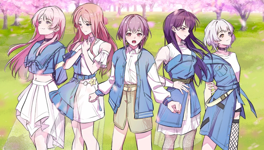 5girls absurdres animal_ears arm_behind_back bang_dream! bang_dream!_it&#039;s_mygo!!!!! belt black_belt black_choker black_hair black_pantyhose blue_belt blue_eyes blue_jacket blue_shirt blush brown_eyes brown_hair brown_skirt chihaya_anon chinese_commentary choker closed_mouth collared_shirt commentary_request derivative_work dress dress_shirt earrings fang fishnet_thighhighs fishnets grey_eyes grey_hair hand_on_own_hip hero45439083942 heterochromia highres jacket jewelry kaname_raana long_hair midriff multiple_girls mygo!!!!!_(bang_dream!) nagasaki_soyo navel open_clothes open_jacket open_mouth pantyhose pink_hair pleated_skirt purple_eyes shiina_taki shirt short_hair single_thighhigh skin_fang skirt takamatsu_tomori teeth textless_version thighhighs white_dress white_hair white_shirt white_skirt yellow_eyes