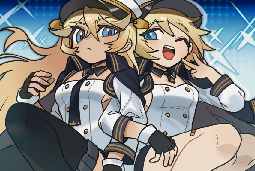 2girls absurdres azur_lane bandaid bandaid_on_thigh black_gloves black_necktie black_thighhighs blonde_hair blue_background blue_eyes blush breasts california_(azur_lane) closed_mouth coat coat_on_shoulders dress fingerless_gloves gloves hair_between_eyes hat highres locked_arms long_hair long_sleeves looking_at_viewer multiple_girls necktie one_eye_closed open_mouth pan_(user_zdvk2337) short_necktie simple_background single_glove small_breasts sparkle tennessee_(azur_lane) thighhighs v white_dress white_hat