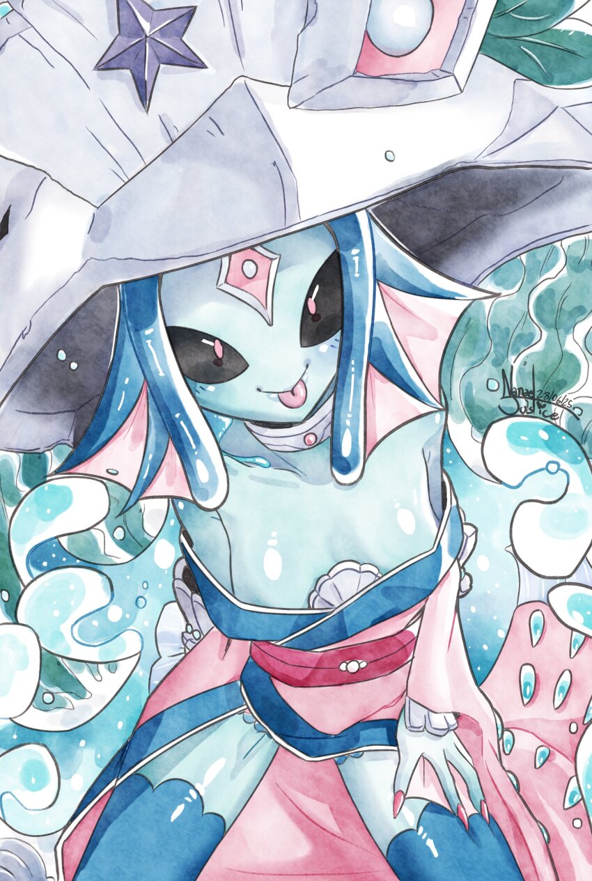 1girl absurdres ariemon bare_shoulders black_sclera blue_hair blue_skin blue_thighhighs breasts colored_sclera colored_skin cowboy_shot digimon digimon_(creature) fingernails fins fish_girl from_above head_fins helmet highres japanese_clothes jewelry kimono long_fingernails long_sleeves looking_at_viewer looking_up nail_polish nanaeljustice neck_ring off_shoulder oversized_hat pink_eyes pink_kimono pink_nails sharp_fingernails smile solo tentacle_hair thighhighs tongue tongue_out water wide_sleeves