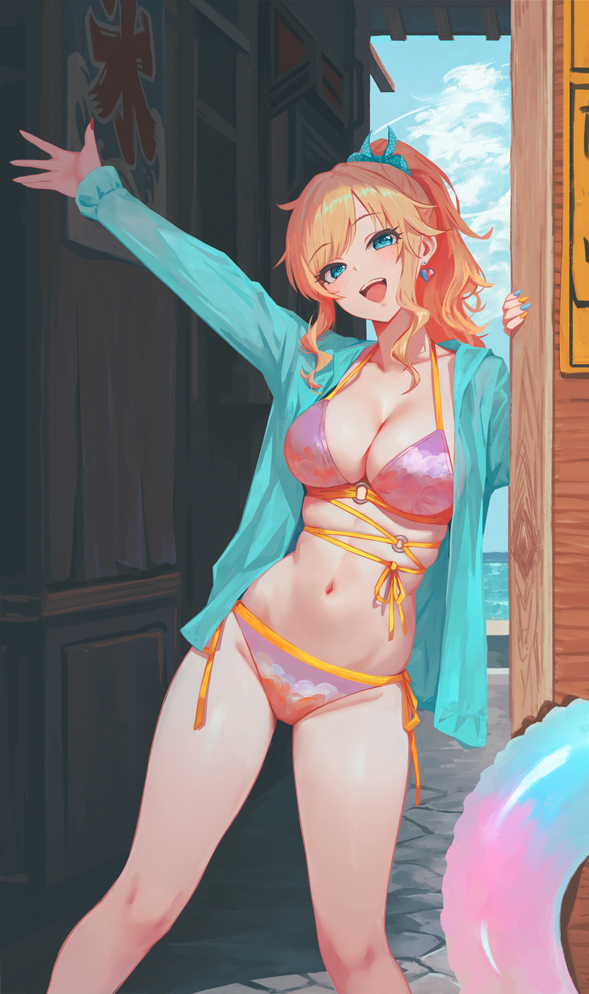 1girl absurdres arm_up bare_shoulders bikini blonde_hair blue_eyes blue_jacket blush breasts cleavage collarbone commentary earrings highres hood hooded_jacket idolmaster idolmaster_cinderella_girls jacket jewelry long_hair looking_at_viewer medium_breasts nail_polish navel ohtsuki_yui open_mouth pink_bikini ponytail qingli_ye side-tie_bikini_bottom smile solo standing swimsuit waving wavy_hair