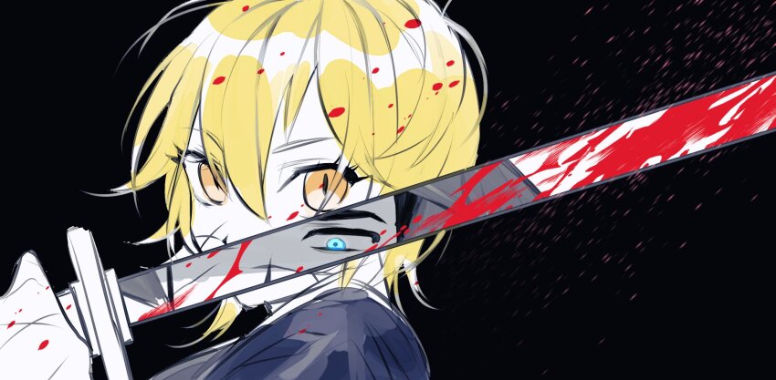 1boy 1girl black_background blonde_hair blue_eyes don_quixote_(project_moon) highres holding holding_sword holding_weapon katana limbus_company meursault_(project_moon) nyak_138 project_moon reflective_weapon simple_background sword upper_body weapon yellow_eyes