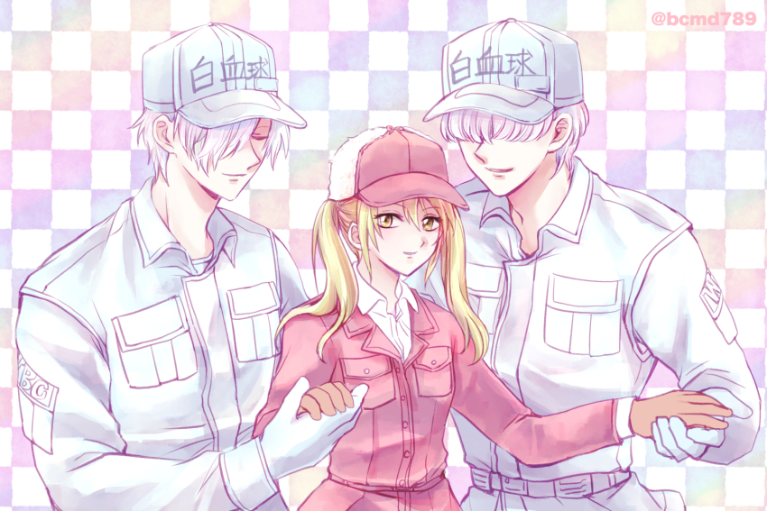 1girl 2boys blonde_hair breast_pocket brown_gloves checkered_background collared_shirt eosinophil_(hataraku_saibou) gloves hair_over_eyes hair_over_one_eye hat hataraku_saibou highres holding_hands juugatsu_porte multiple_boys pocket shirt simple_background smile twintails u-1146 u-2626 white_blood_cell_(hataraku_saibou) white_gloves white_hair