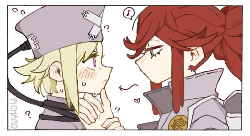 2girls bad_id bad_twitter_id blush chamopichamo eishia_stilza flipped_bangs folded_ponytail gachiakuta grey_hat grey_jacket hat highres jacket long_hair multiple_girls nurse_cap red_hair riyo_reaper sidelocks simple_background sweat upper_body white_background x_(symbol) yuri