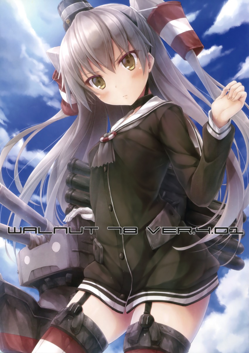 10s 1girl absurdres amatsukaze_(kancolle) blush brown_eyes cowboy_shot dress female_focus garter_straps gloves hair_tubes highres kantai_collection long_hair looking_at_viewer rensouhou-kun sailor_dress short_dress silver_hair single_glove solo striped_clothes striped_thighhighs suien thighhighs twintails two_side_up zettai_ryouiki