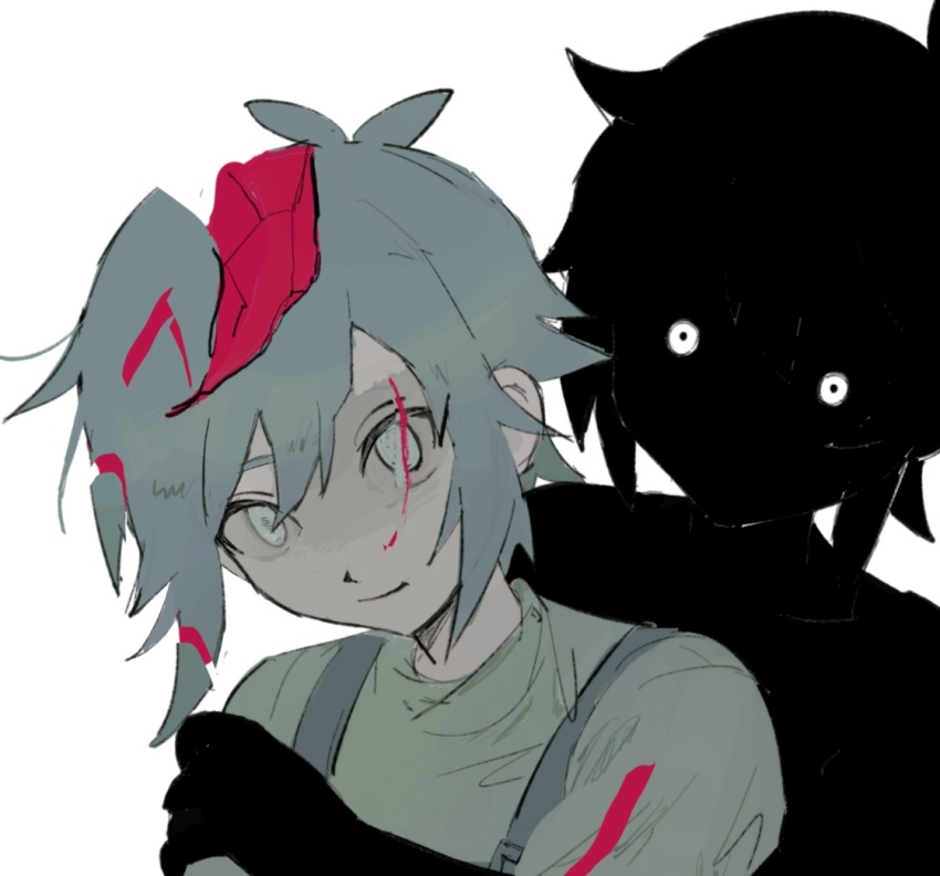 2boys antenna_hair aqua_eyes aqua_hair basil_(headspace)_(omori) basil_(omori) black_skin blood blue_overalls closed_mouth colored_skin commentary_request front-to-back green_shirt hair_between_eyes hand_on_another&#039;s_arm head_tilt male_focus multiple_boys omori overalls portrait sema_(vivaviva_02) shirt short_hair sidelocks simple_background smile stranger_(omori) white_background white_eyes