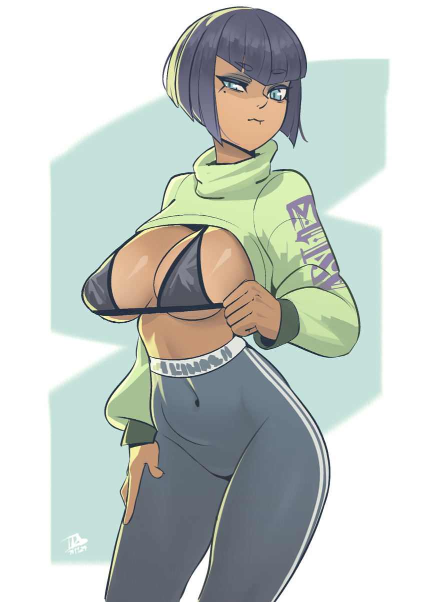 1girl alternate_costume bikini bikini_top_only black_hair blue_eyes bob_cut breasts closed_eyes contemporary covered_navel cowboy_shot crop_top dark-skinned_female dark_skin eliza_(skullgirls) hand_on_own_hip highres idarasen large_breasts short_hair skullgirls solo sportswear sweater swimsuit turtleneck turtleneck_sweater