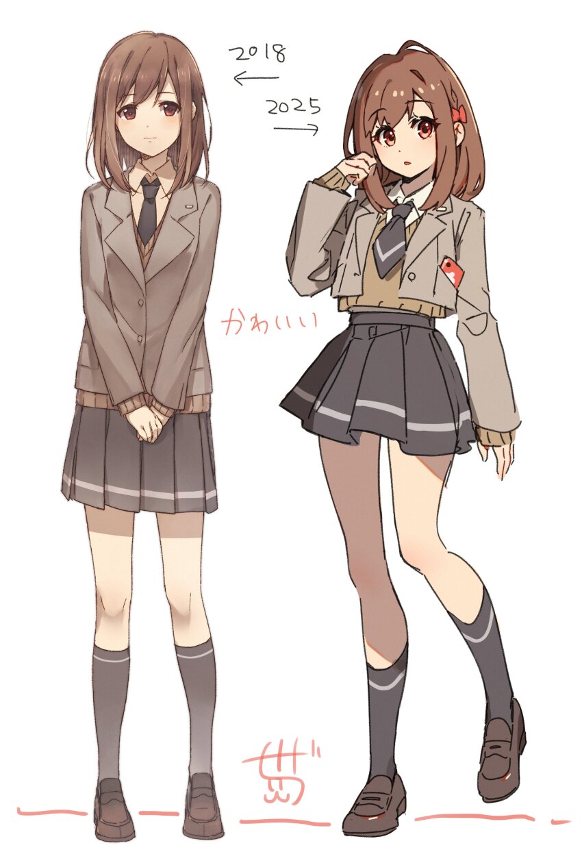 1girl absurdres arrow_(symbol) black_skirt blazer blush brown_eyes brown_hair brown_jacket closed_mouth collared_shirt grey_jacket hair_ornament highres hotechige jacket kneehighs loafers long_sleeves multiple_views necktie original pleated_skirt school_uniform shirt shoes skirt smile socks standing white_background white_shirt