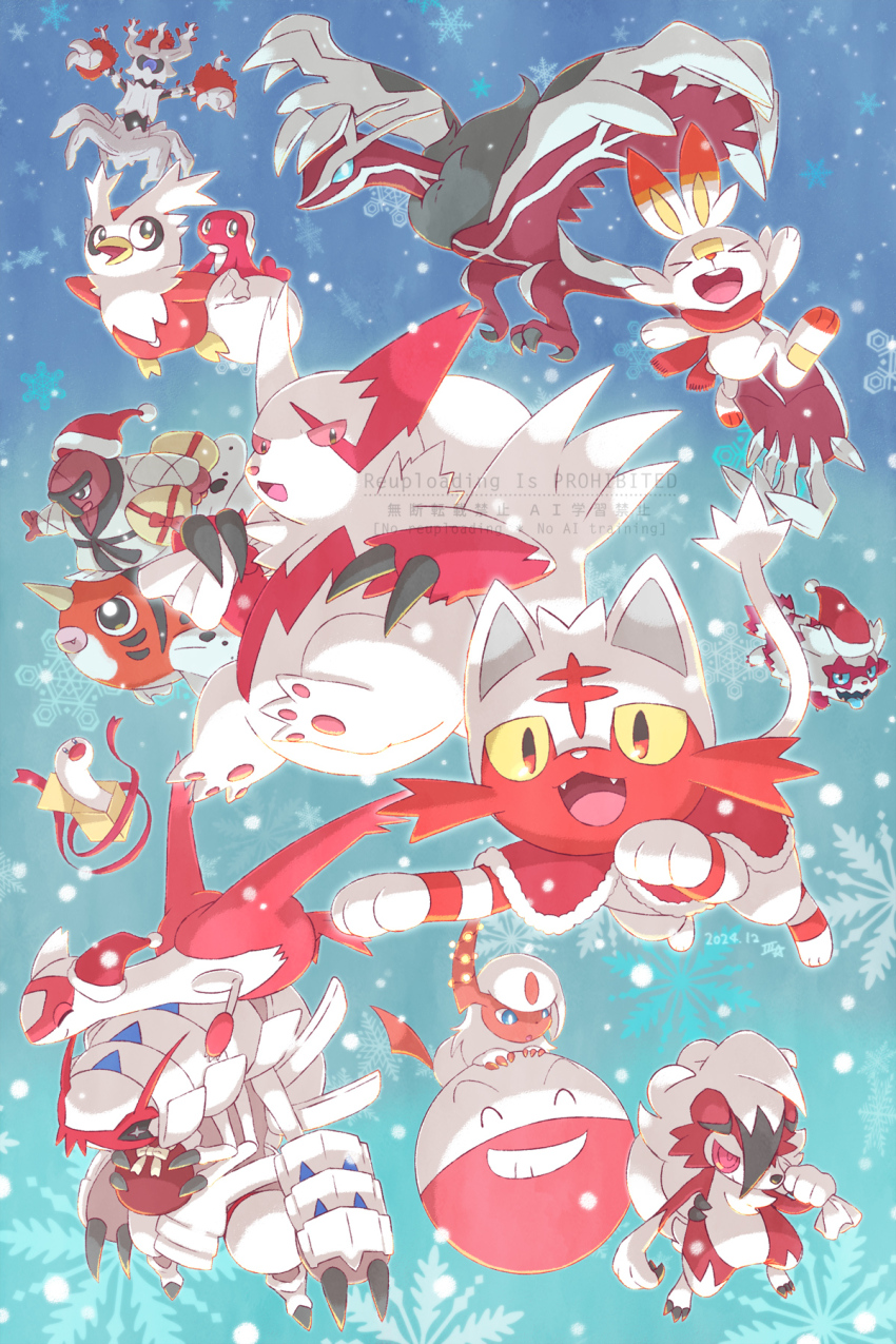 &gt;_&lt; absol alternate_color bag blue_eyes blue_tongue box christmas closed_eyes closed_mouth clothed_pokemon colored_tongue commentary_request creatures_(company) delibird dougi electrode_(pokemon) fangs flying galarian_form galarian_zigzagoon game_freak gen_1_pokemon gen_2_pokemon gen_3_pokemon gen_5_pokemon gen_6_pokemon gen_7_pokemon gen_8_pokemon golisopod hat highres holding holding_bag horns latias legendary_pokemon litten lycanroc lycanroc_(midnight) nintendo one-eyed open_mouth pokemon pokemon_(creature) red_eyes red_hat red_ribbon red_theme ribbon riding riding_pokemon samsung_(yuzuikka) santa_hat scorbunny seaking shiny_pokemon single_horn smile snowflakes tatsugiri tatsugiri_(curly) teeth throh tongue tongue_out trevenant upper_teeth_only watermark white_theme wiglett yveltal zangoose