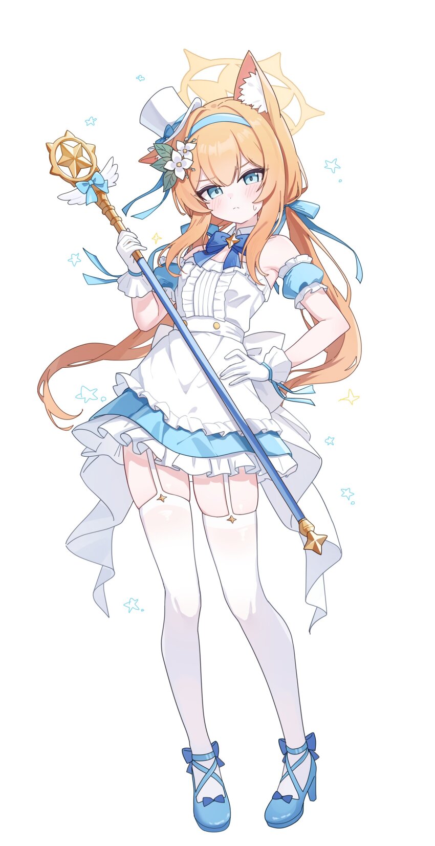 &gt;:( 1girl absurdres alternate_costume alternate_hairstyle arm_scrunchie bare_shoulders blue_archive blue_bow blue_bowtie blue_dress blue_eyes blue_headband blue_ribbon blue_shoes blush bow bowtie center_frills closed_mouth collar commentary detached_collar detached_sleeves dress floating_hair flower footwear_bow frilled_dress frilled_sleeves frills frown full_body furrowed_brow garter_straps gloves hair_bow hair_flower hair_ornament halo hand_on_own_hip hand_up hat headband high_heels highres holding holding_staff long_hair looking_at_viewer low_twintails magical_girl mari_(blue_archive) mini_hat mini_top_hat nonddu orange_hair ribbon shoes short_sleeves simple_background skindentation solo split_mouth staff standing star_(symbol) sweatdrop symbol-only_commentary thigh_strap thighhighs top_hat twintails two-tone_dress v-shaped_eyebrows very_long_hair white_background white_collar white_dress white_flower white_gloves white_hat white_ribbon white_thighhighs yellow_halo zettai_ryouiki