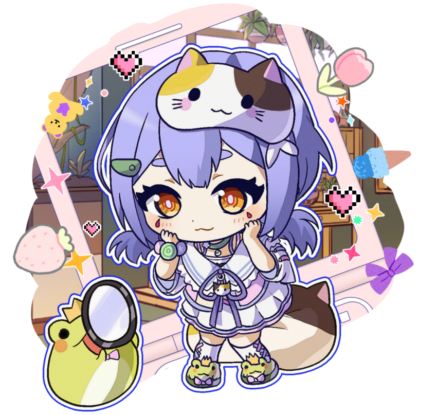 1girl azusa_(vtuber) virtuareal_link blue_hair cat_mask chibi chibi_only crown dress food frog frog_slippers fruit hands_on_own_face heart highres looking_at_viewer mask mask_on_head nijisanji official_alternate_costume onayano solo strawberry teardrop_facial_mark thick_eyebrows virtual_youtuber virtuareal white_dress yellow_eyes