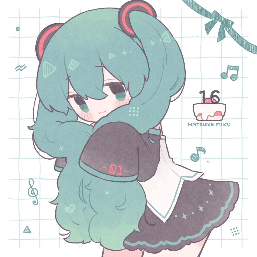 1girl :3 absurdres black_skirt black_sleeves blush cake character_name closed_mouth commentary detached_sleeves dot_nose food green_eyes green_hair grid hair_between_eyes hatsune_miku highres kiri_ume long_sleeves musical_note shirt skirt sleeves_past_fingers sleeves_past_wrists triangle twintails vocaloid white_shirt
