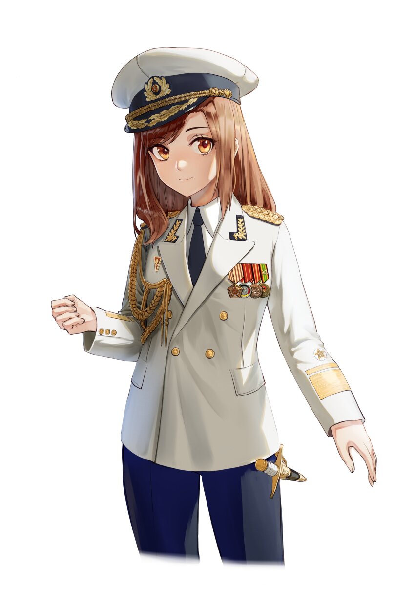 1girl absurdres black_necktie black_pants brown_eyes brown_hair closed_mouth collared_shirt cropped_legs dagger east_germany hat highres jacket knife long_hair long_sleeves looking_at_viewer military military_dress_uniform military_hat military_jacket military_uniform necktie original pants peaked_cap shirt simple_background smile solo standing tuziki_sang weapon white_background white_hat white_jacket white_shirt