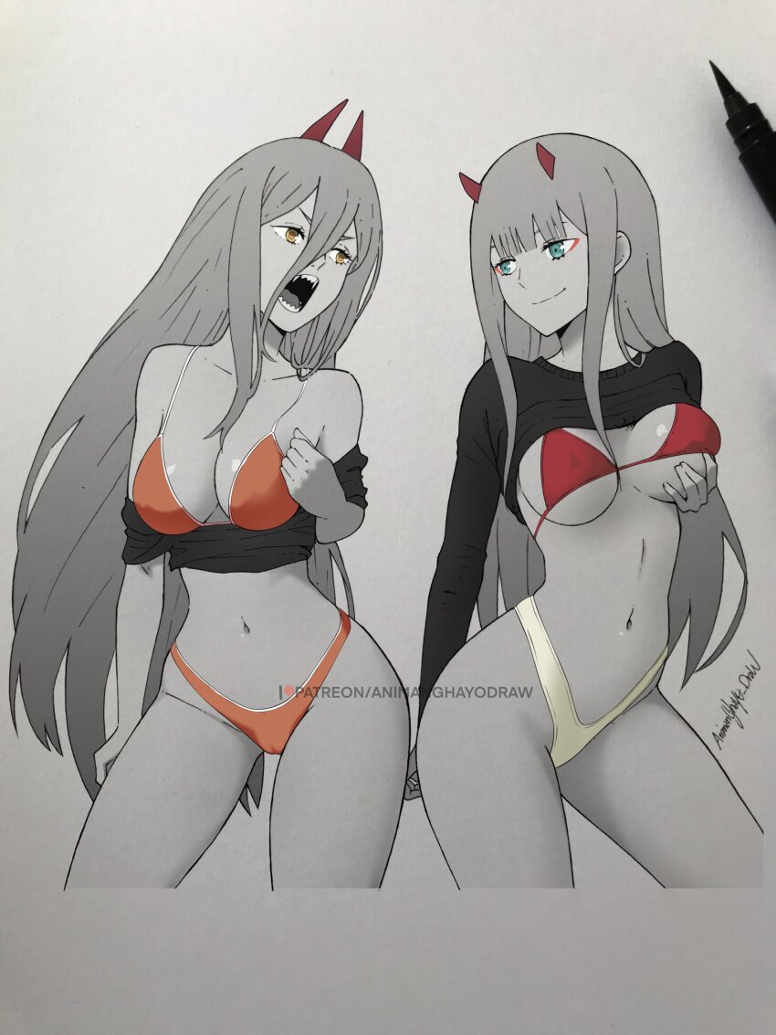 2girls animanghayo aqua_eyes art_tools_in_frame bikini breasts chainsaw_man clothes_lift commentary contrapposto covered_erect_nipples cropped_legs crossover darling_in_the_franxx eyeliner grabbing_own_breast greyscale hair_between_eyes highres horns long_hair makeup medium_breasts millipen_(medium) mismatched_bikini mixed_media monochrome multiple_girls open_mouth orange_bikini patreon_username pen_(medium) power_(chainsaw_man) red_eyeliner red_horns sharp_teeth shirt_lift shirt_tug sidelocks signature smile spot_color swimsuit teeth traditional_media trait_connection very_long_hair yellow_eyes zero_two_(darling_in_the_franxx)