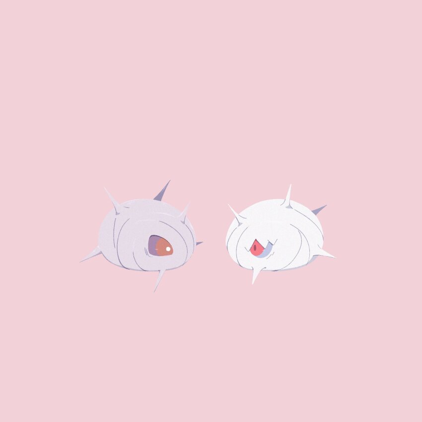 afuron animal_focus bright_pupils cascoon colored_sclera commentary_request eye_contact from_side gen_3_pokemon grey_sclera highres looking_at_another nintendo no_humans pink_background pokemon pokemon_(creature) red_eyes silcoon simple_background white_pupils