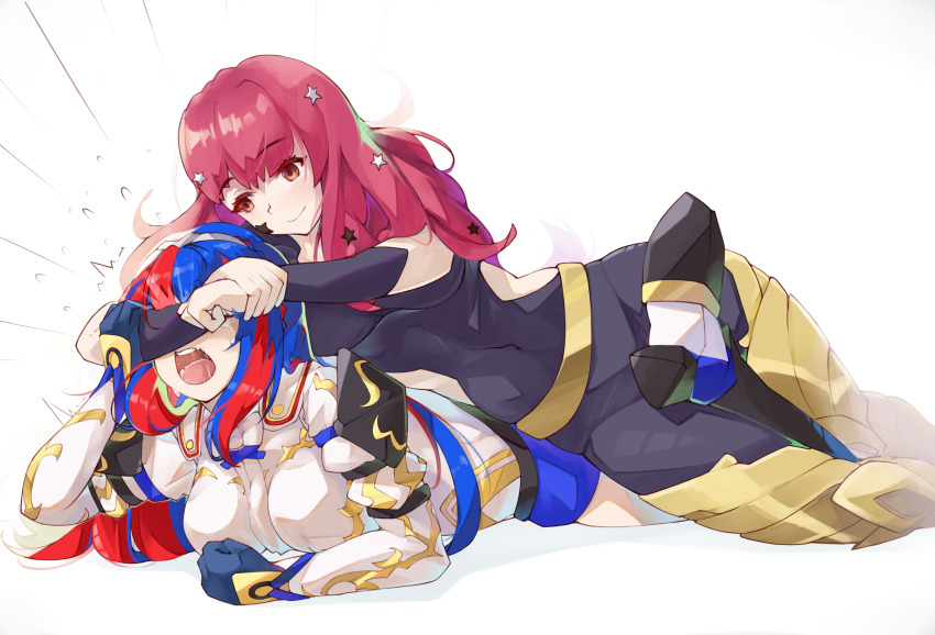 2girls belt blue_hair bodysuit choker clothing_cutout facial_mark female_alear_(fire_emblem) fire_emblem fire_emblem_engage hair_ornament highres jaegan multicolored_hair multiple_girls nintendo pink_choker purple_bodysuit red_hair side_cutout split-color_hair star_(symbol) star_facial_mark star_hair_ornament two-tone_hair wrestling yellow_belt yunaka_(fire_emblem)