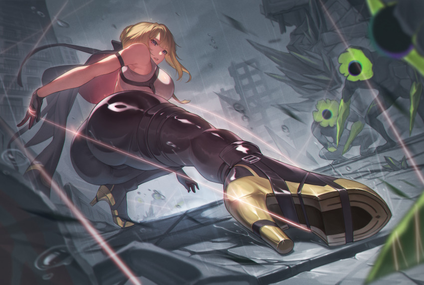 1girl absurdres ass bare_shoulders black_gloves black_jacket black_pants blonde_hair breasts commentary debris elbow_gloves english_commentary et0 ethereal_(zenless_zone_zero) evelyn_chevalier gloves hand_on_ground high_heels highres jacket large_breasts looking_at_viewer outdoors pants parted_lips purple_eyes rain revision shirt short_hair single_elbow_glove solo tight_clothes tight_pants white_shirt zenless_zone_zero