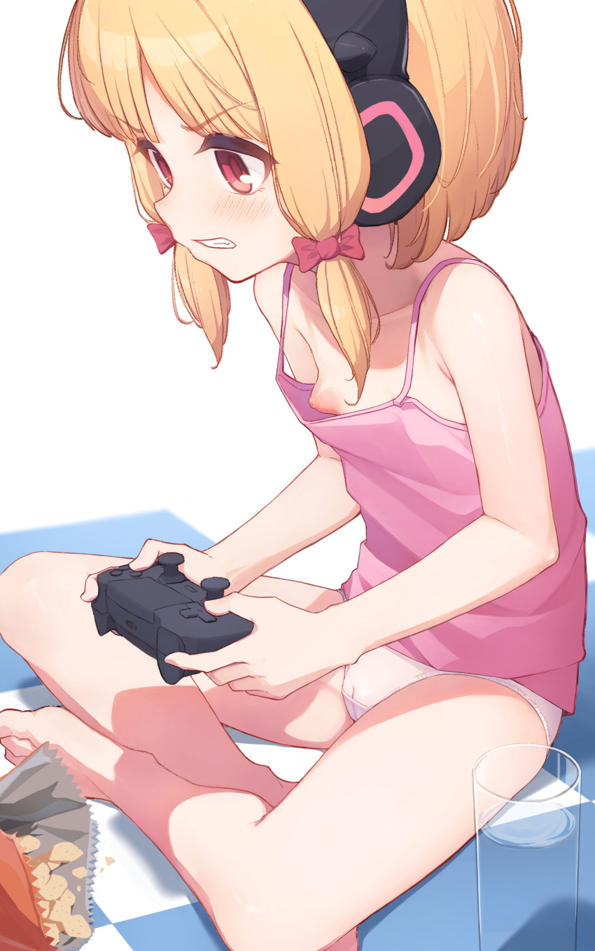 1girl animal_ear_headphones animal_ears bag_of_chips bare_arms bare_legs bare_shoulders barefoot blonde_hair blue_archive blunt_bangs blush bow breast_slip breasts cameltoe camisole cat_ear_headphones cat_ears chips_(food) clenched_teeth collarbone controller cup drinking_glass fake_animal_ears food from_side game_controller hair_bow halo headphones highres holding holding_controller holding_game_controller hudeako loli low_twintails momoi_(blue_archive) nipples no_pants open_mouth panties pink_bow pink_camisole pink_eyes playing_games potato_chips red_eyes revision short_hair sidelocks simple_background sitting small_breasts solo spread_legs teeth thighs twintails underwear underwear_only water white_background white_panties