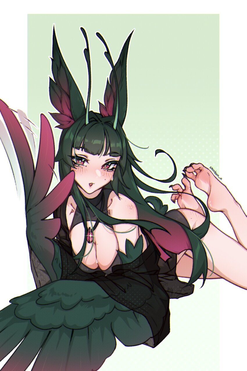1girl animal_ear_fluff animal_ears antennae bare_shoulders blush breasts bright_pupils claws commentary commission english_commentary feathered_wings feathers feet gradient_hair gradient_wings green_feathers green_hair harpy highres jewelry looking_at_viewer medium_breasts monster_girl multicolored_hair multicolored_wings open_mouth original pendant pink_eyes pink_feathers pink_hair shinbun_n solo toes white_pupils winged_arms wings