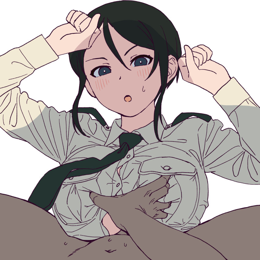 1boy 1girl black_hair breasts chouno_ami clothed_female_nude_male girls_und_panzer grabbing_another&#039;s_breast groping hetero highres large_breasts looking_at_viewer military_dress_uniform military_uniform nude onsen_tamago_(hs_egg) open_mouth paizuri pov short_hair