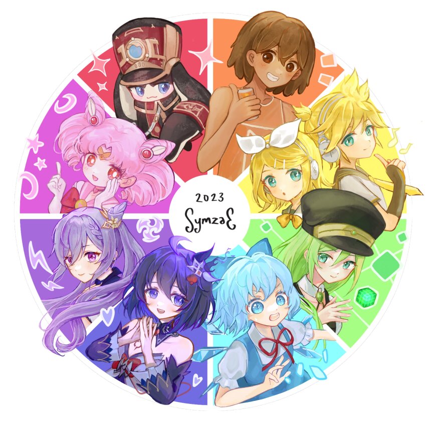 1other 2023 2boys 6+girls :3 :o absurdres ahoge alina_gray aqua_eyes artist_name bare_arms bare_shoulders bishoujo_senshi_sailor_moon black_gloves black_hat black_sailor_collar blonde_hair blue_bow blue_dress blue_eyes blue_hair blue_wings blush bow bowtie braid bright_pupils brother_and_sister brown_eyes brown_hair can chest_tattoo chibi_usa circlet cirno closed_mouth collarbone collared_shirt color_wheel_challenge commentary crescent crystal_wings dark-skinned_male dark_skin detached_collar double-parted_bangs dress drill_hair elbow_gloves english_commentary fingerless_gloves fingernails frilled_sleeves frills genshin_impact gloves green_brooch green_hair grin hair_behind_ear hair_between_eyes hair_bow hair_ornament hand_on_own_cheek hand_on_own_face hand_up hands_up hat headphones highres holding holding_can honkai:_star_rail honkai_(series) index_finger_raised kagamine_len kagamine_rin kel_(faraway)_(omori) kel_(omori) keqing_(genshin_impact) long_hair long_sleeves looking_at_viewer magia_record:_mahou_shoujo_madoka_magica_gaiden mahou_shoujo_madoka_magica multiple_boys multiple_drawing_challenge multiple_girls musical_note neck_ribbon necktie notice_lines omori open_mouth orange_tank_top own_hands_together parted_bangs pinafore_dress pink_eyes pink_hair pink_sailor_collar pom-pom_(honkai:_star_rail) portrait puffy_short_sleeves puffy_sleeves purple_eyes purple_hair red_bow red_bowtie red_eyes red_ribbon ribbon sailor_collar seele_vollerei shako_cap shirt short_hair short_sleeves siblings sleeveless sleeveless_dress smile sparkle star_(symbol) swept_bangs symzae tank_top tattoo teeth thumbs_up touhou twin_drills twins twintails upper_body upper_teeth_only v-shaped_eyebrows vocaloid white_bow white_headphones white_pupils white_shirt white_trim wings yellow_bow yellow_bowtie yellow_necktie