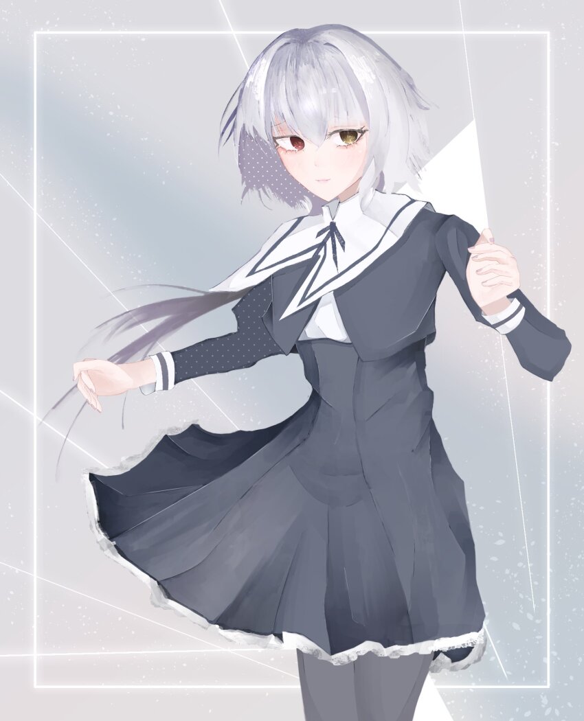 1girl assault_lily black_pantyhose black_ribbon black_skirt closed_mouth commentary_request cowboy_shot cropped_jacket floating_hair flower frilled_skirt frills gradient_background grey_background grey_hair hair_between_eyes hair_flower hair_ornament hair_ribbon hands_up heterochromia high-waist_skirt highres inset_border juliet_sleeves light_blush light_particles light_smile long_hair long_sleeves looking_at_viewer miniskirt neck_ribbon on_(phantasm_flower) outside_border pantyhose puffy_sleeves red_eyes ribbon school_uniform shirt skirt solo standing white_shirt yamaguchi_chihiro_(assault_lily) yellow_eyes yurigaoka_girls_academy_school_uniform