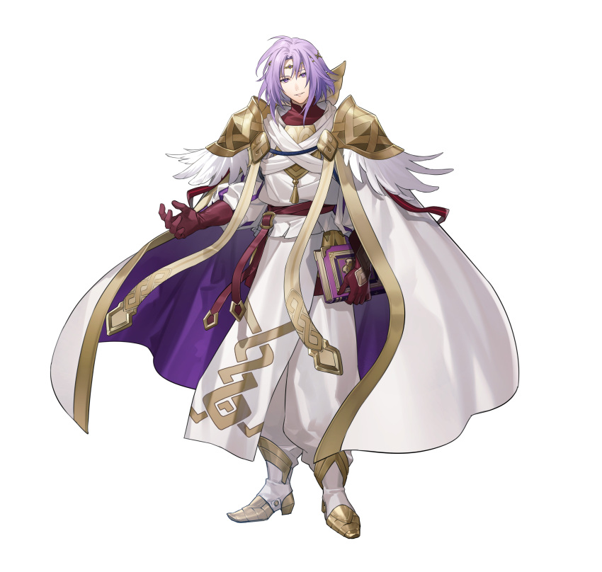 1boy absurdres baggy_pants book cape circlet commentary english_commentary fire_emblem fire_emblem:_the_sacred_stones fire_emblem_heroes fuji_mitsuya full_body gloves highres holding holding_book looking_at_viewer lyon_(fire_emblem) lyon_(resplendent)_(fire_emblem) male_focus medium_hair nintendo official_art pants purple_eyes purple_hair simple_background solo standing two-sided_cape two-sided_fabric white_background