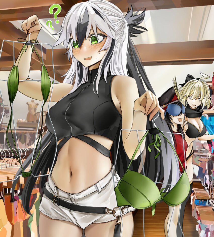 3girls ? ?? absurdres ahoge bare_shoulders belt bikini black_bikini black_bow black_hair black_hat black_scarf black_shirt black_thighhighs blonde_hair bow breasts cleavage clothes_hanger clothes_rack cropped_shirt fate/grand_order fate_(series) green_bikini green_eyes green_jacket green_one-piece_swimsuit hair_bow hat highres jacket large_breasts long_hair long_sleeves midriff multicolored_hair multicolored_jacket multiple_girls nagao_kagetora_(fate) navel obazzotto oda_nobunaga_(fate) oda_nobunaga_(swimsuit_berserker)_(fate) oda_nobunaga_(swimsuit_berserker)_(first_ascension)_(fate) oda_uri off_shoulder okita_j._souji_(fate) okita_j._souji_(first_ascension)_(fate) okita_souji_(fate) one-piece_swimsuit open_clothes open_jacket open_mouth peaked_cap red_shirt scarf shirt short_hair short_shorts shorts sidelocks single_thighhigh sleeveless sleeveless_shirt slingshot_swimsuit small_breasts smile swimsuit thigh_strap thighhighs thighs two-tone_hair two-tone_jacket uesugi_kenshin_(fate) uesugi_kenshin_(second_ascension)_(fate) very_long_hair white_hair white_jacket white_shorts yellow_eyes