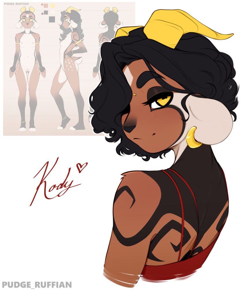 1girl absurdres animal_ears artist_name black_hair black_skin body_fur brown_fur colored_skin earrings full_body furry furry_female goat_ears goat_girl goat_tail heart highres horns jewelry kody_(pudgeruffian) long_hair looking_at_viewer looking_back multiple_views original pudgeruffian pussy short_hair smile white_background