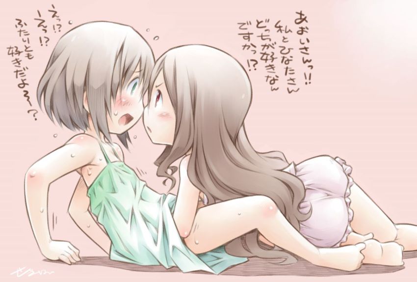 10s 2girls aoba_kokona barefoot blush brown_hair female_focus green_eyes hand_under_clothes hand_under_shirt long_hair multiple_girls red_eyes revision sekihan shirt short_hair sweat translated yama_no_susume yukimura_aoi yuri