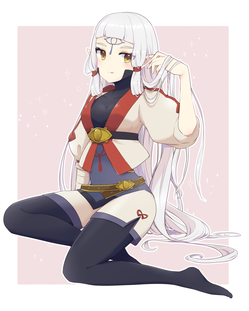 1girl absurdres adjusting_hair aged_down alternate_hairstyle black_pantyhose blush border breasts brown_eyes commentary_request covered_collarbone eye_symbol forehead_tattoo highres hyrule_warriors:_age_of_calamity impa long_hair looking_at_viewer medium_breasts nintendo pantyhose pink_background pointy_ears rinrinsuzusuzu sheikah short_sleeves sidelocks silver_hair sitting solo the_legend_of_zelda the_legend_of_zelda:_breath_of_the_wild very_long_hair white_border