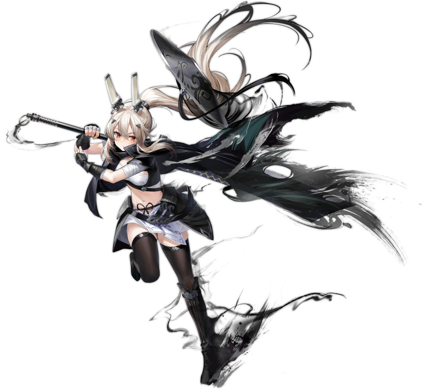 1girl ayanami_(azur_lane) ayanami_(dynasty_shipgirl)_(azur_lane) ayanami_(navalistic_showdown)_(azur_lane) azur_lane bandages black_footwear black_thighhighs boots cloak fingerless_gloves full_body gloves highres holding holding_weapon leg_up long_hair looking_at_viewer midriff navel official_alternate_costume official_art ootsuki_momiji ponytail red_eyes silver_hair thighhighs transparent_background weapon