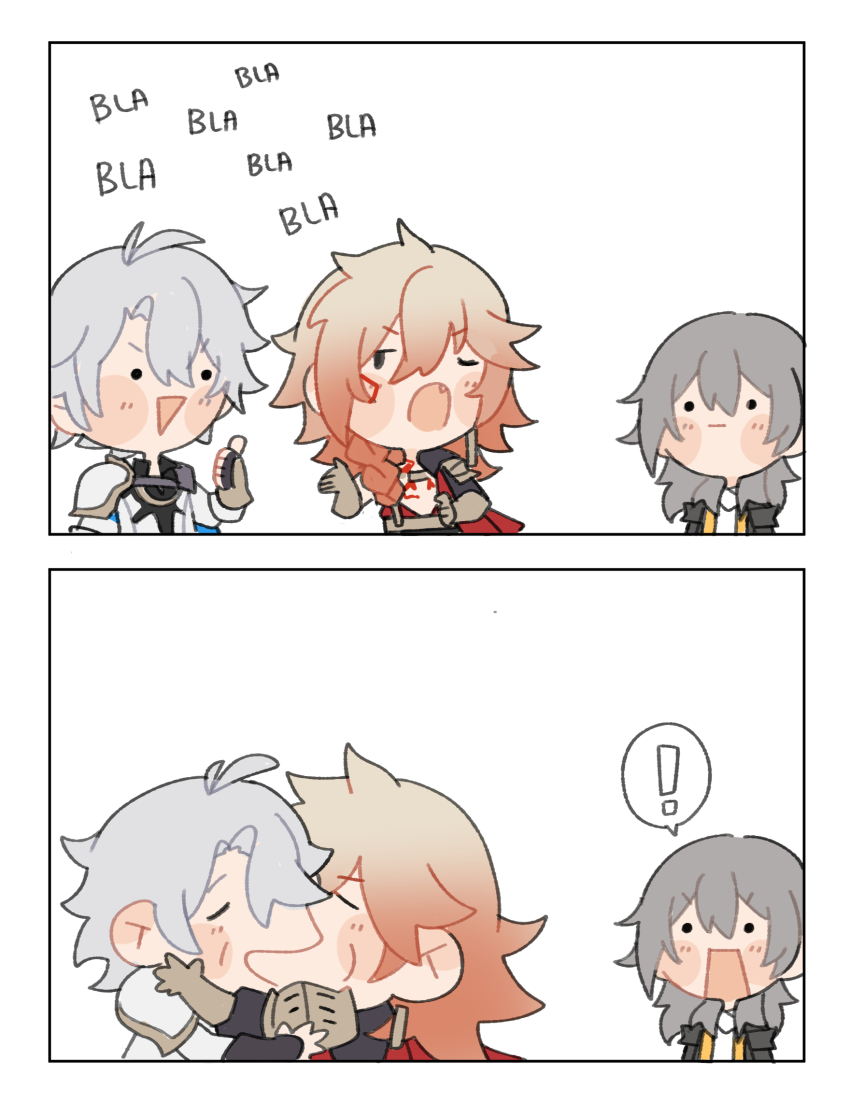 ! 1girl 2boys armor armored_gloves black_jacket chibi chibi_only coat collared_coat earrings fingerless_gloves gloves highres honkai:_star_rail honkai_(series) jacket jewelry kiss meme multiple_boys mydei_(honkai:_star_rail) necklace nya_deko one_eye_closed open_clothes open_coat phainon_(honkai:_star_rail) red_tattoo shirt shoulder_armor spoken_exclamation_mark stelle_(honkai:_star_rail) surprised talking thumbs_up trailblazer_(honkai:_star_rail) white_background white_shirt yaoi yoshi_and_toad_kissing_(meme)