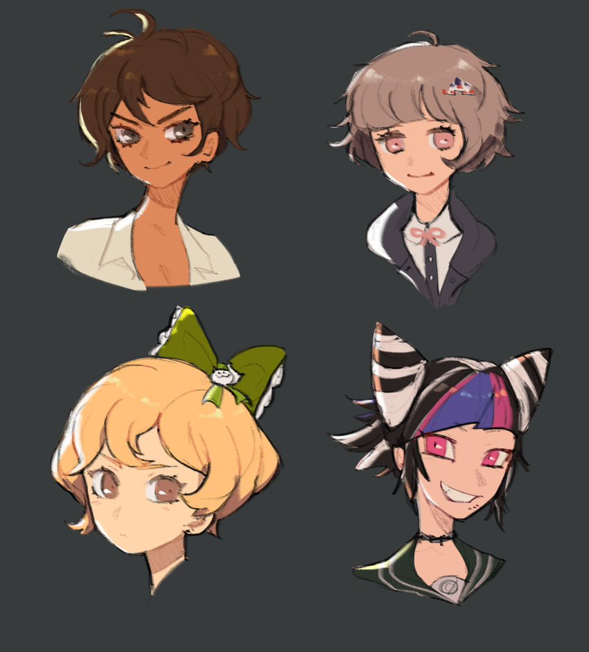 4girls absurdres alternate_hair_length alternate_hairstyle black_hair blonde_hair blue_hair bow brown_eyes brown_hair closed_mouth danganronpa_(series) danganronpa_2:_goodbye_despair dark-skinned_female dark_skin eyelashes green_bow grey_background hair_bow hair_horns highres mioda_ibuki multicolored_hair multiple_girls nanami_chiaki pink_eyes pink_hair portrait saionji_hiyoko short_hair simple_background smile tamanamael very_short_hair white_hair